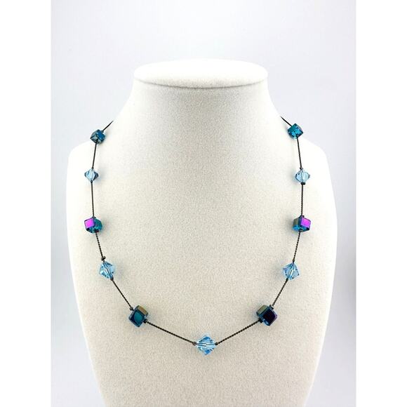 You And I Gunmetal Chain Aurora Borealis Crystal Beaded 18.5” Fashion Necklace - Picture 1 of 4